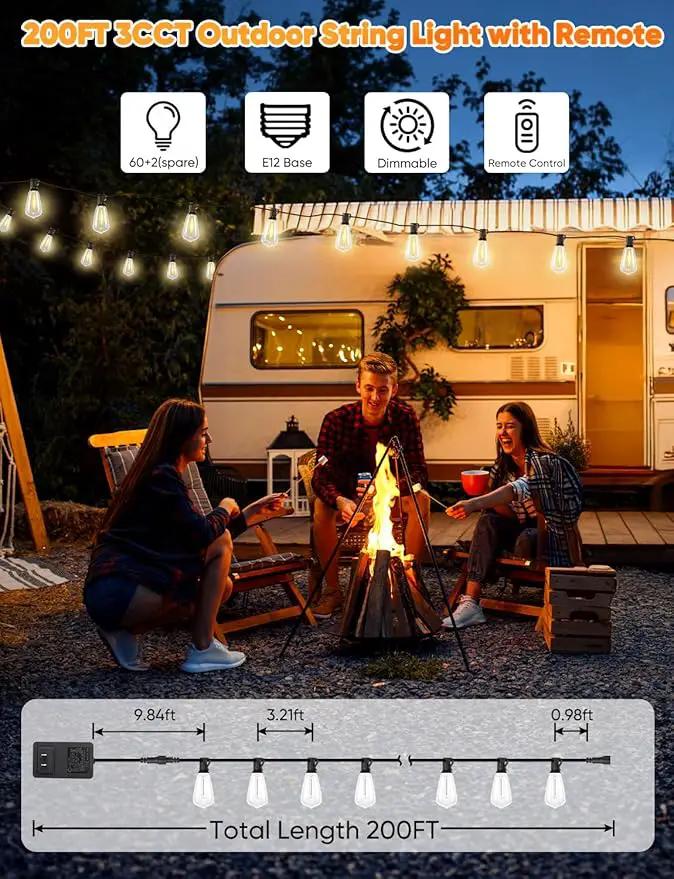Brightever 200FT Outdoor String Lights with Remote, 2700K/4000K/5000K Selectable LED Patio Lights with 60+2 ST38 Vintage Edison Bulbs, 3 Lighting Modes, 3H/5H Timer, Dimmable String Light for Outside by GreenHaven Gardens