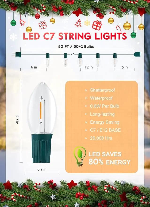 50FT C7 Clear LED Christmas String Lights Outdoor, Commercial Connectable Christmas Lights with 50+2 Bulbs(2 Spare), Hanging Christmas Tree Lights for Xmas Holiday Party Roofline Backyard Decor by GreenHaven Gardens