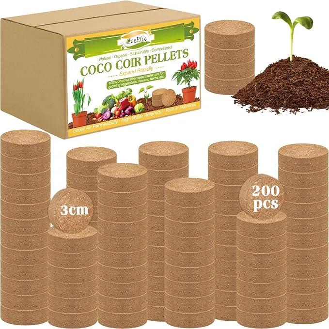ZeeDix Organic Coco Coir Pellets Potting Soil, 200pcs 30mm Compressed Coconut Fiber Seed Starter Soil Pellets, Coco Peat Soil Discs for Indoor Outdoor Plants, Herbs, Houseplants, Flowers, Vegetables by GreenHaven Gardens