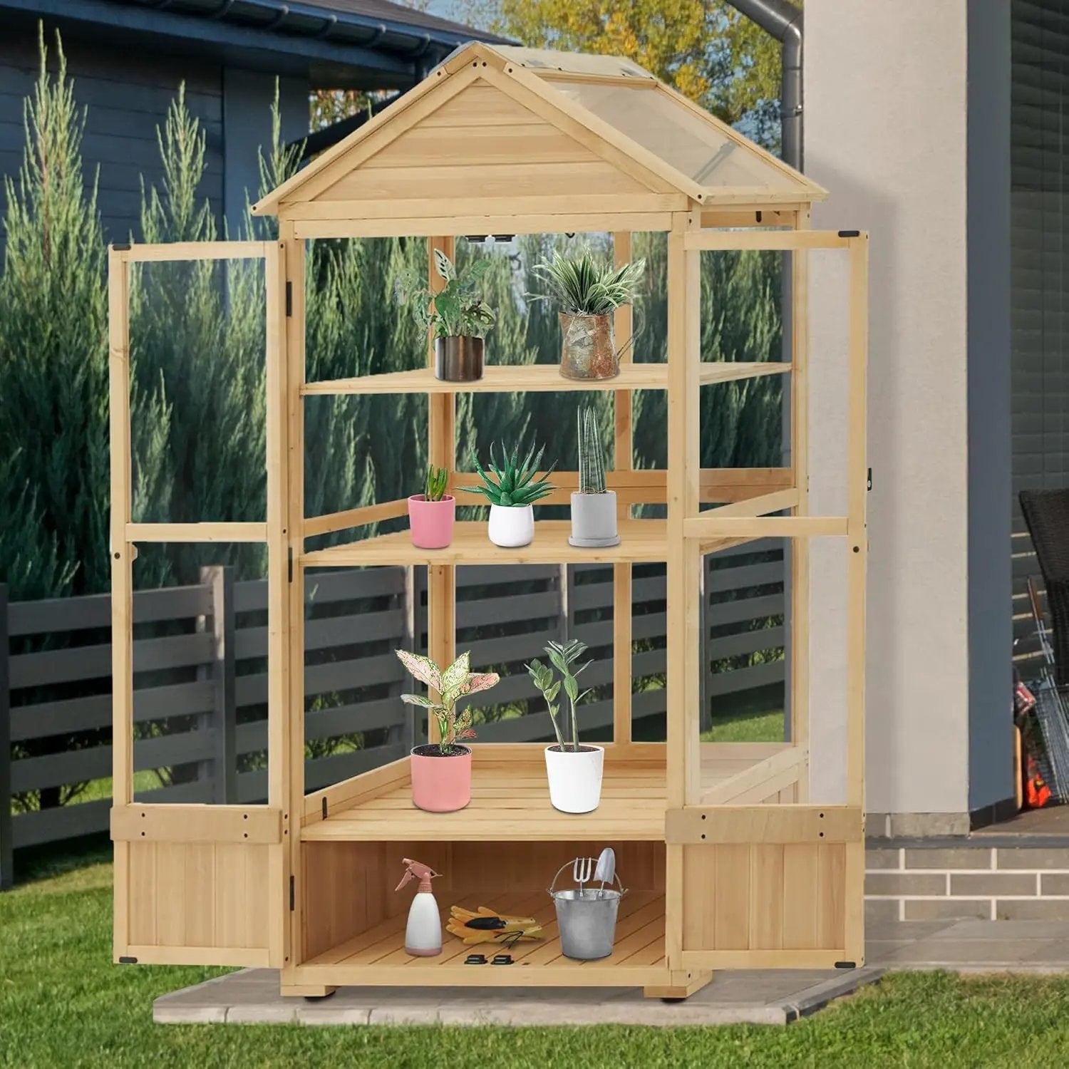 Macrout 3-Tier Solid Wood Cold Frame Greenhouse Cabinet Adjustable Shelves, Dual-Use Insulated Shed for Outdoor Garden & Indoor Balcony Planting, 0847 by GreenHaven Gardens