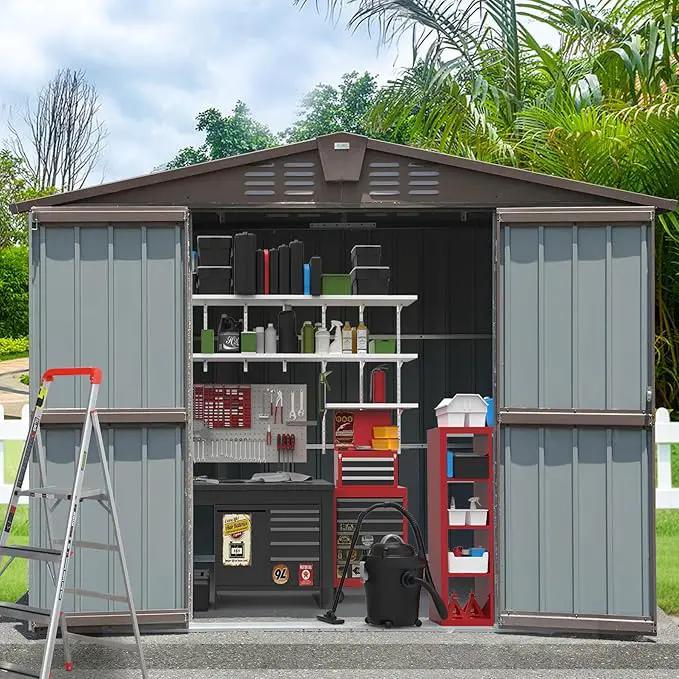 Domi Outdoor Storage Shed 8.2' x 6.2', Metal Steel Utility Tool Shed Storage House with Double Lockable Doors & Air Vents for Backyard Patio Garden Lawn Brown by GreenHaven Gardens
