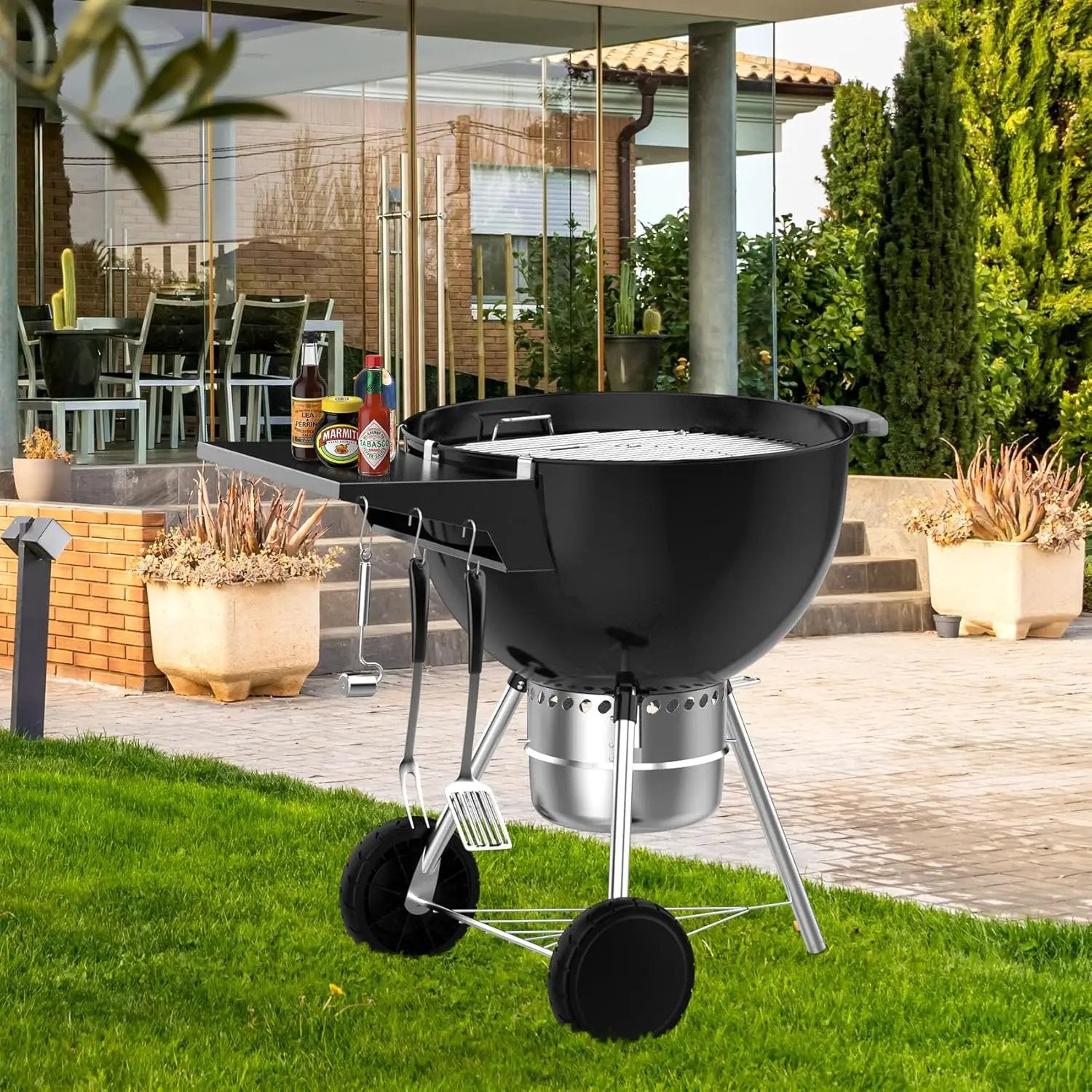 Charkettle Grill Table Shelf Compatible with Weber 22 Inches Kettle Grills, Outdoor Charcoal Grill Side Table BBQ Accessories with Hooks by GreenHaven Gardens