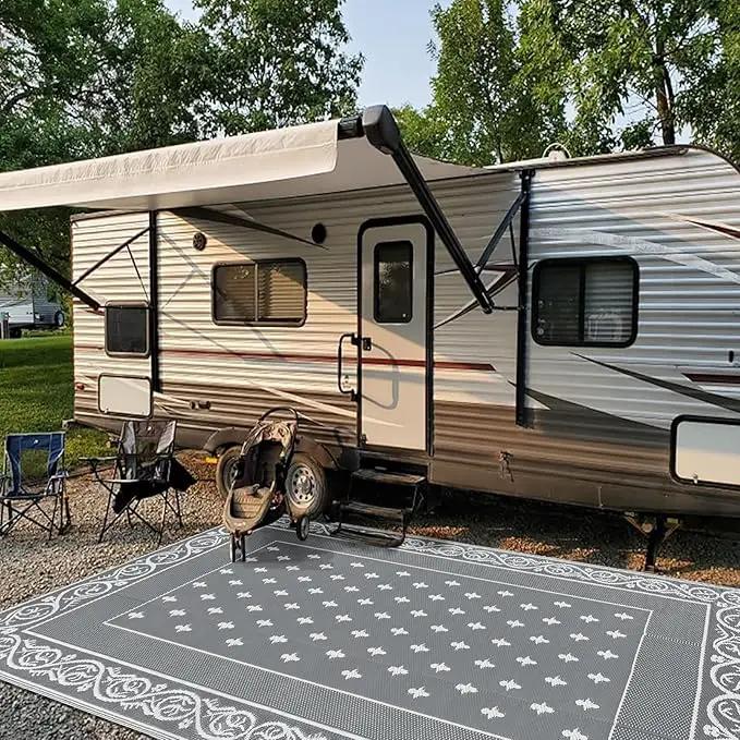 Pauwer Waterproof Outdoor Rug 6x9, Reversible Plastic Straw Patio Camping Rug, Indoor Outdoor RV Mat Carpet for Deck, Camper, Porch, Balcony, Backyard, Picnic, Bordered Grey by GreenHaven Gardens