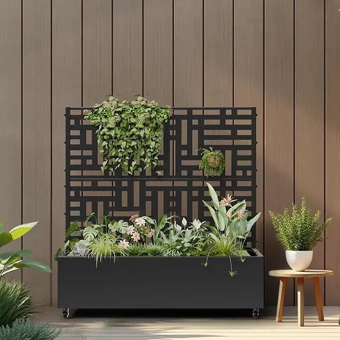 Casaphoria Metal Raised Garden Bed with Trellis and Wheels, 47"x47"x16" Planter Box for Climbing Plants, Vegetables & Vines, Features Drainage Holes and Privacy Screen (Black-Helen) by GreenHaven Gardens