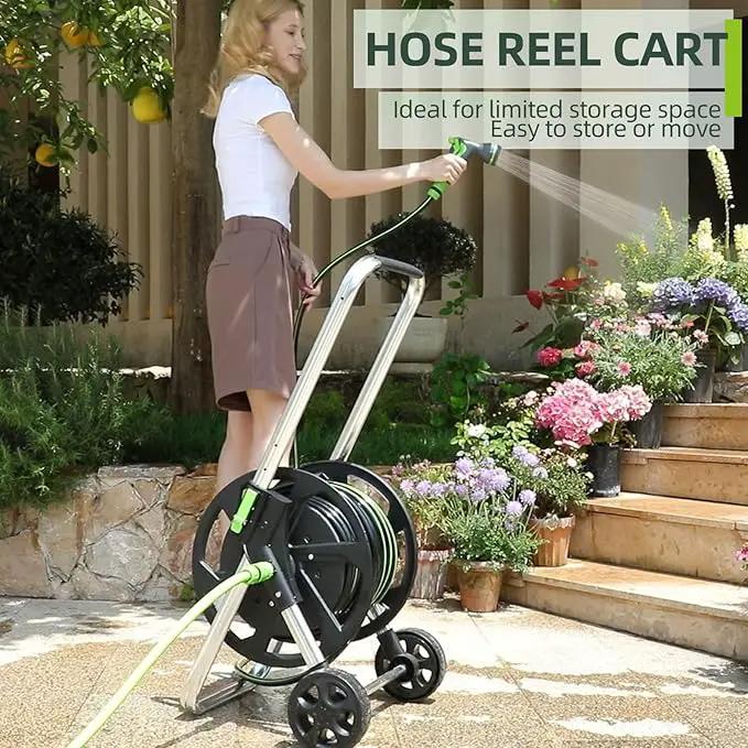 Garden Hose Reel Cart, Holds 75-150 Feet of 5/8-Inch Hose, Portable Hose Reel Cart With Wheels,Adjustable Handrail, Quick Hose Connector by GreenHaven Gardens