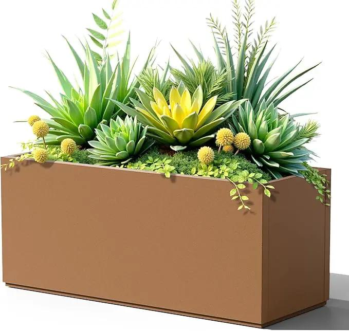 FENCY Large Metal Planter, Large Rectangular Planters for Outdoor Plants, Tall Outdoor Planters for Porch Patio, 38" L x 15" W x 16.3" H Brown Metal Planter with Drainage Hole by GreenHaven Gardens