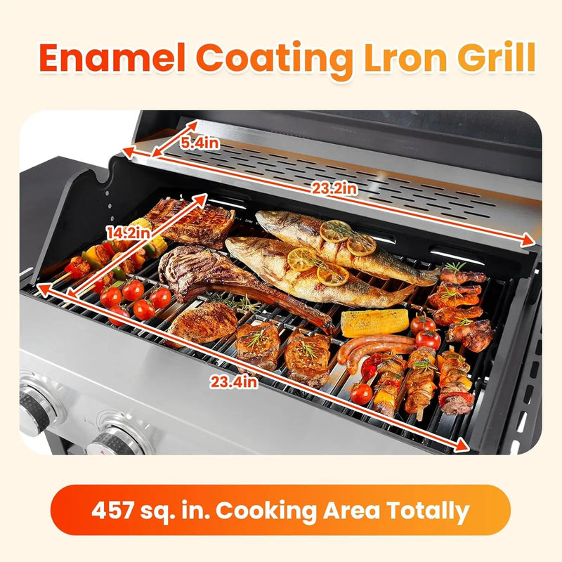 4-Burner Propane Gas BBQ Grill with Side Burner, Porcelain-Enameled Cast Iron Grates and Side Tables, 46,500 BTU Stainless Steel Grill for Outdoor Camping Barbecue Grilling Backyard Cooking by GreenHaven Gardens