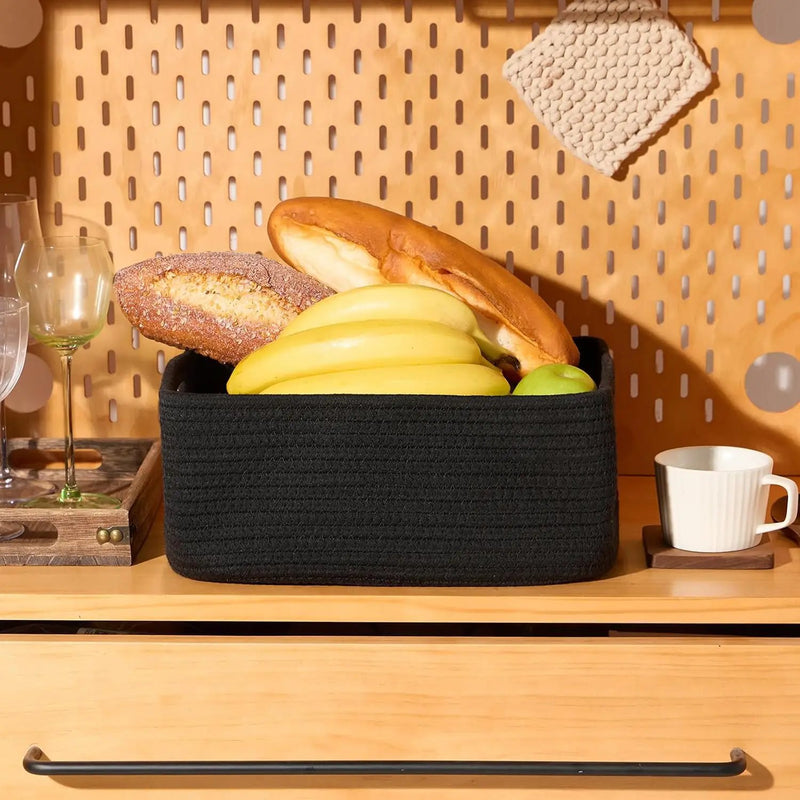 Small Storage Baskets for Organizing | Closet Organizer Bins | Shelf Toy Basket | Woven Rope Baskets | Cube Decorative Box | Shallow Basket | 13x8.5x5.1” | 3 Packs Black by GreenHaven Gardens