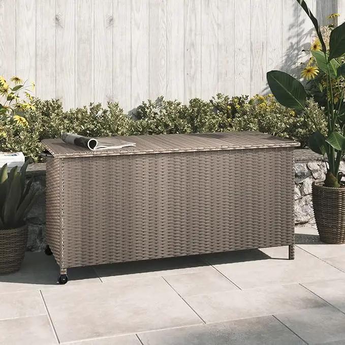 Grand patio 108 Gallon Deck Storage Box Indoor Outdoor Wicker Bin for Patio Furniture Cushions Garden Tools Pool Accessories, Greige by GreenHaven Gardens