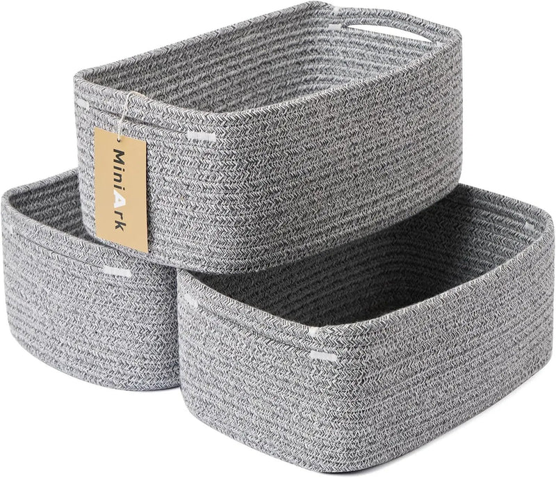 Small Storage Baskets for Organizing | Closet Organizer Bins | Shelf Toy Basket | Woven Rope Baskets | Cube Decorative Box | Shallow Basket | 13x8.5x5.1” | 3 Packs Mixed Grey by GreenHaven Gardens