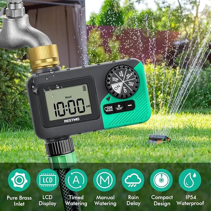 RESTMO Sprinkler Timer with Brass Inlet, Water Timer for Garden Hose, Rain Delay/Manual/Automatic for Outdoor Faucet, Drip Irrigation and Lawn Watering System by GreenHaven Gardens