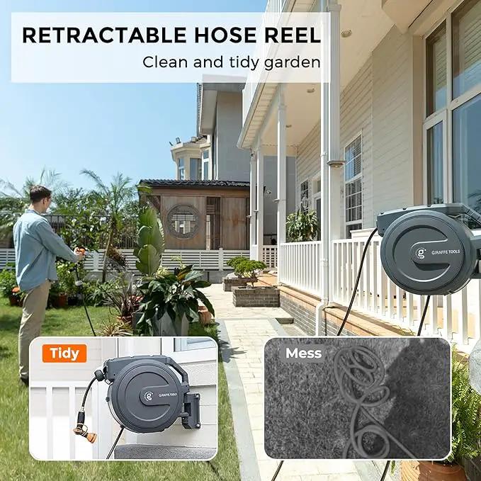 Giraffe Tools Retractable Garden Hose Reel 1/2 Inch x 130 ft, Super Heavy Duty, Any Length Lock, Slow Return System, Wall Mounted and 180 Deg Swivel Bracket by GreenHaven Gardens