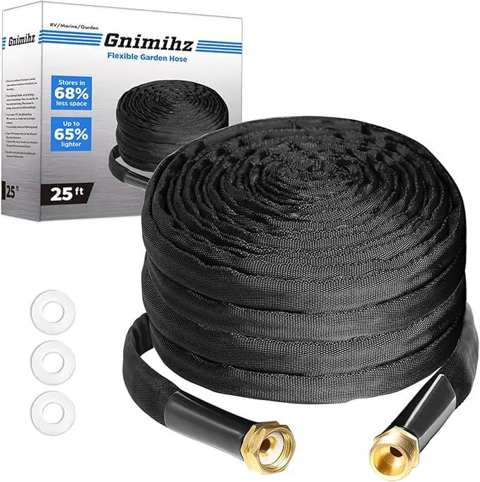 Garden Hose 25ft, Made of TPE(Not PVC), Ultra-Light & Flexible Water Hose with Solid Brass Fittings, Non-Shrinking, Easy to Storage, Drinking Water Safe Material, All-weather, Black, Newbox by GreenHaven Gardens