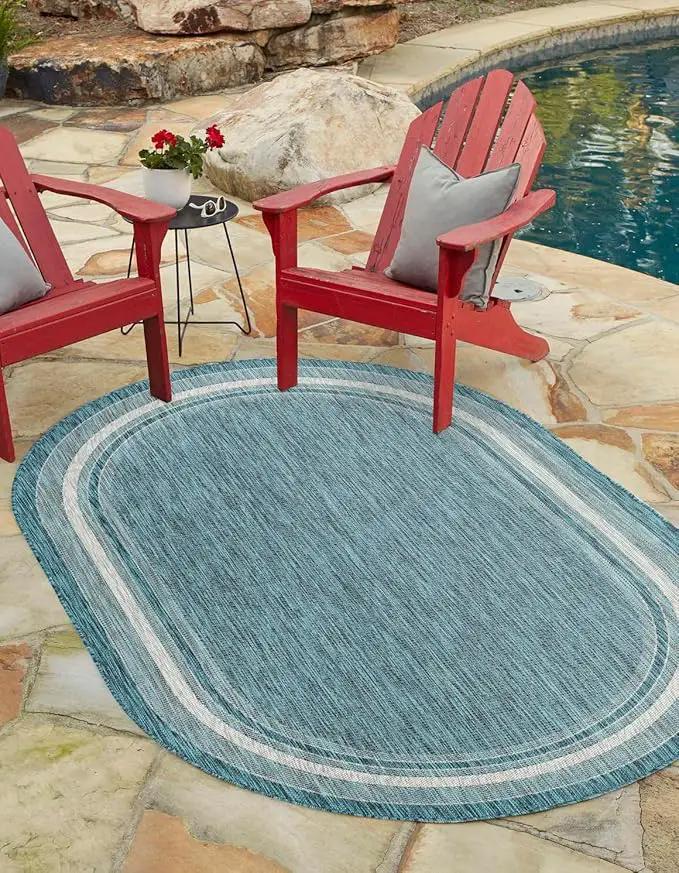 Unique Loom Outdoor Border Collection Area Rug - Soft Border (7' 10" x 10' Oval, Teal/ Ivory) by GreenHaven Gardens