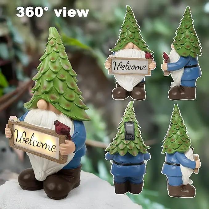 Garden Gnome Statue with Solar Lights, 13.5” Welcome Sign Gnome Outdoor Decor for Yard Lawn Patio, Funny Resin Gnome Sculptures, Gifts for Women Mom Grandma,Garden Decor Ornament by GreenHaven Gardens