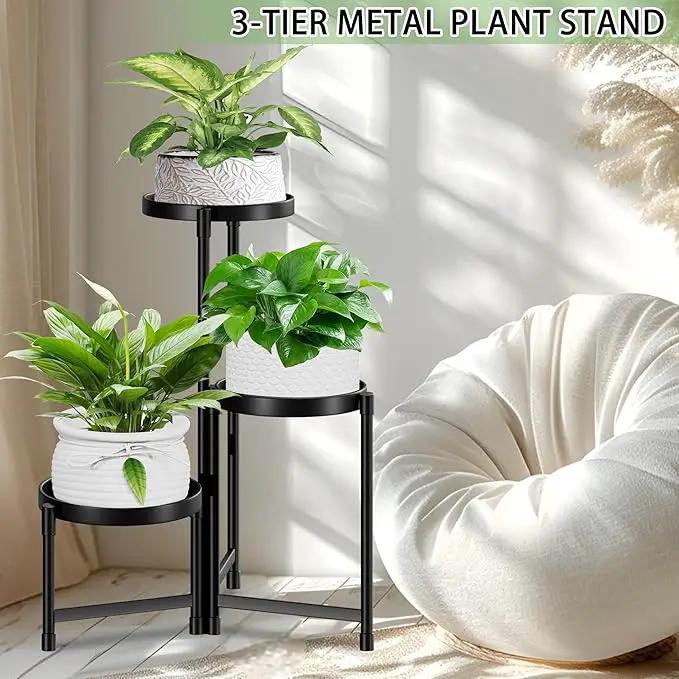 Plant Stand indoor outdoor - 3 Tier black Tall Metal Flower Pot Holder Potted Display Rack - Heavy Duty Corner Plant Shelf for Patio Garden Balcony Living Room Bedroom by GreenHaven Gardens