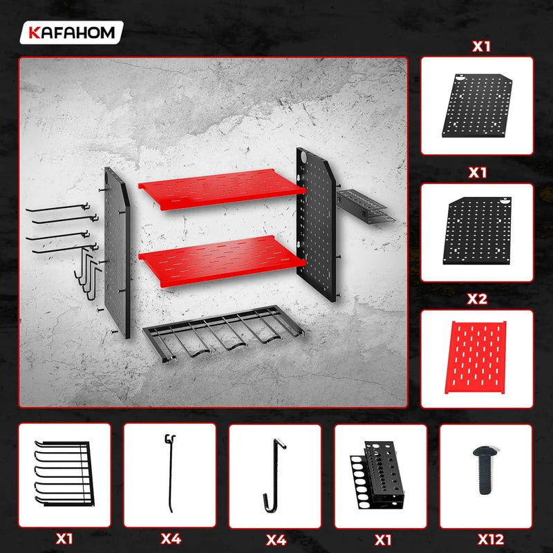 KAFAHOM Power Tool Organizer for Tool Storage, Drill Holder Wall Mount With 2 Side Pegboards, Metal Tool Shelf with 12 Hooks, Tool Organizers Storage Rack, Utility Cordless Drill Rack Red by GreenHaven Gardens