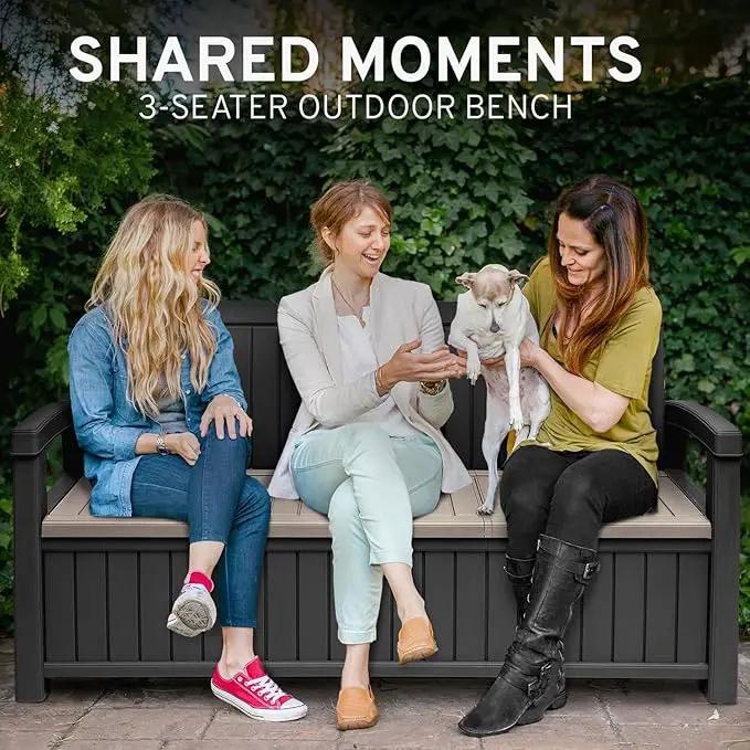 EconoHome 3 Seat Outdoor Storage Bench with Rain Cover - 90 Gallon Capacity - Weatherproof Resin Bench for Patio, Porch, Garden, Yard, Pool Area - Furniture for Pool Accessories, Gardening Tools by GreenHaven Gardens