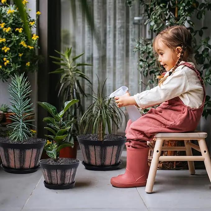 Quarut 6 inch Brown Barrel Planters with Drainage Holes & Saucer, Set of 4, Indoor & Outdoor Garden Home Plants by GreenHaven Gardens