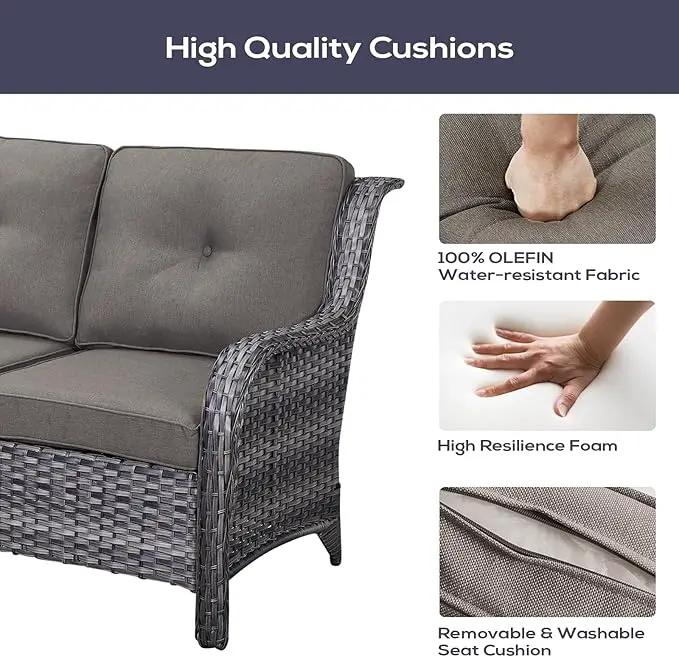 Outdoor Patio Furniture Set with Propane Fire Pit Table, 7 Pieces Wicker Patio Conversation Set with 2 Swivel Glider Rocker Chair Rattan Sofa Grey Cushion Perfect for Casual Gathering by GreenHaven Gardens