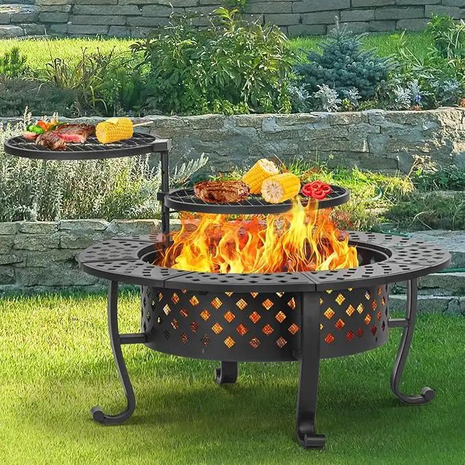 42 Inch Fire Pit with 2 BBQ Grills, Wood Burning Fire Pits for Outside with Lid & Fire Poker, BBQ& Outdoor Firepit & Round Metal Table 3 in 1 for Patio, Picnic, Party by GreenHaven Gardens