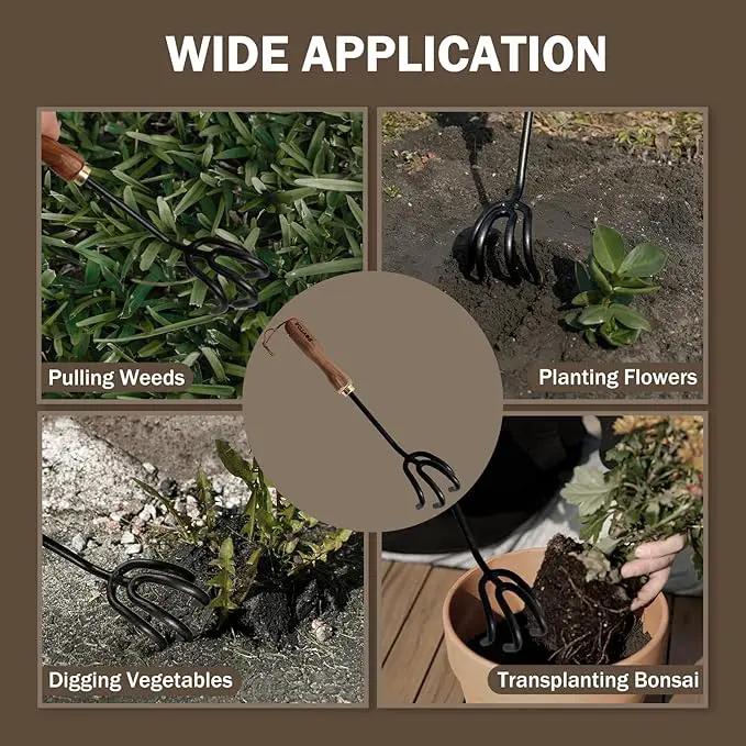 Hand Cultivator Rake, Ergonomic Small Garden Rake with Walnut Handle & 4 Durable Tines, Garden Tools for Weeding, Digging and Cultivating by GreenHaven Gardens