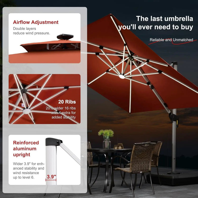 PURPLE LEAF 9 Feet Double Top Deluxe Solar Powered LED Square Patio Umbrella Offset Hanging Umbrella Outdoor Market Umbrella Garden Umbrella, Brick Red by GreenHaven Gardens