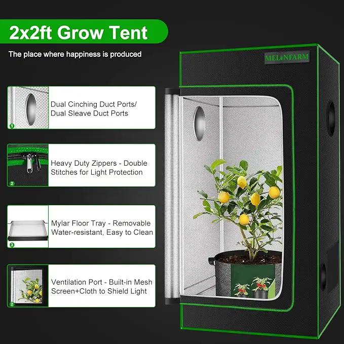 MELONFARM 24"x24"x32'' Grow Tent, High Reflective 600D Diamond Mylar Canvas with Observation Window and Floor Tray for Hydroponic Indoor Plant Growing by GreenHaven Gardens