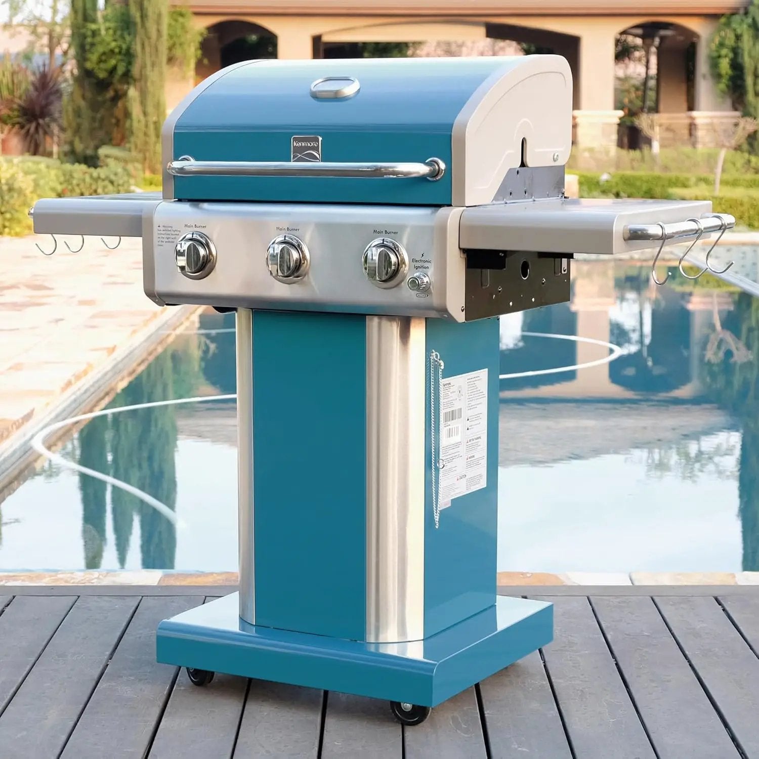 Kenmore 3-Burner Propane BBQ Grill, 30,000 BTUs Gas Grill with Cast Iron Cooking Grates, Folding Side Tables & Wheels, Outdoor Grill with Tool Hooks, Teal by GreenHaven Gardens