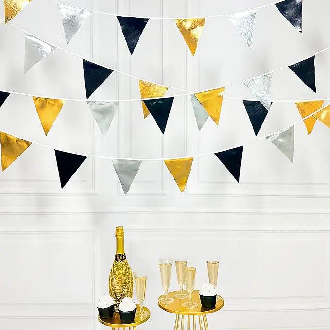 Black Gold Silver Party Decoration Triangle Pennant Banner Flag Metallic Fabric Bunting Garland for Birthday Graduation Anniversary Wedding Bridal Shower Bachelorette Engagement Disco Party Supplies by GreenHaven Gardens