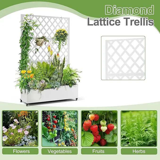Metal Planter Trellis Box with Wheels & Drain Plug Outdoor Raised Garden Bed Patio Privacy Screen with Planter for Climbing Plants, Vegetables 73"x47"x16" White-Diamond by GreenHaven Gardens