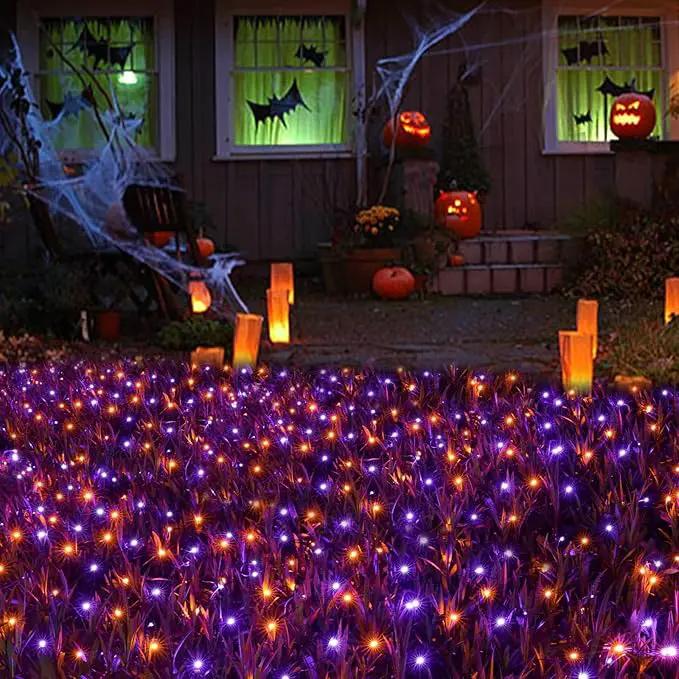 Joomer 12ft x 5ft 360LED Orange Purple Halloween Net Lights Outdoor Mesh lights, 8 Modes Timer Connectable Waterproof Bush Lights Mesh Netting Lights for Halloween Outdoor Decorations (Green Wire) by GreenHaven Gardens