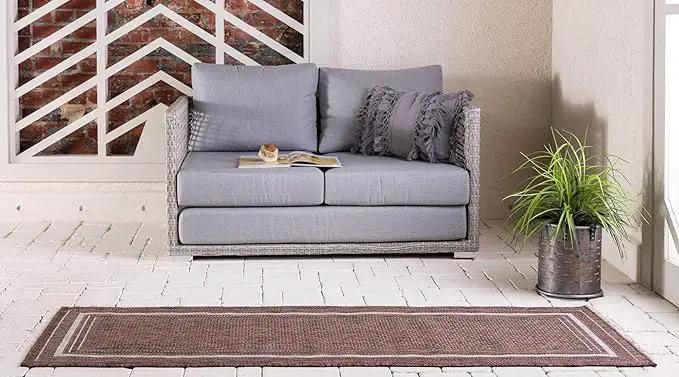 Unique Loom Outdoor Border Collection Area Rug - Soft Border (2'x 6' 1" Runner, Brown/ Ivory) by GreenHaven Gardens
