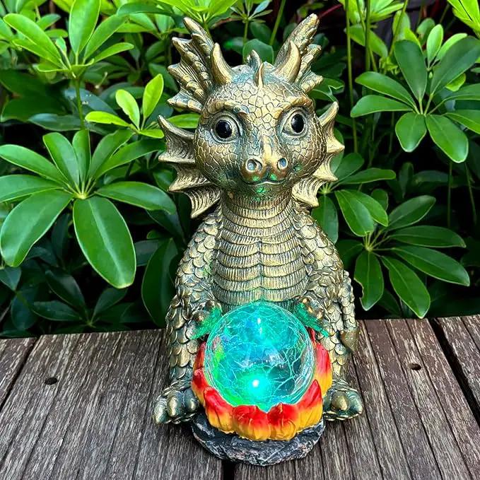 Solar Garden Statue Dragon Figurine with 7-Color Changing Solar Crackle Globe Lights- Loving Dragon for Patio,Balcony,Yard, Lawn-Unique Idea Gifts (Grey) by GreenHaven Gardens