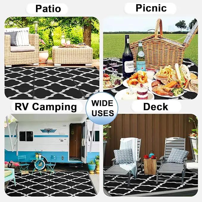 OutdoorLines Outdoor Plastic Area Rugs for Patio 4x6 ft - Reversible Outside Carpet, Stain & UV Resistant RV Mats, Straw Rug for Camping, Deck Garden, Porch and Balcony, Moroccan Black & Light Grey by GreenHaven Gardens