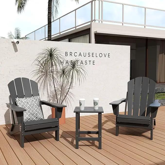 WO Home Furniture Adirondack Chairs Table Set of 3 PCS Outdoor Folding Chairs Side End Table Weather/UV Resistant for Lawn, Garden, Bon Fire, Balcony (Grey) by GreenHaven Gardens