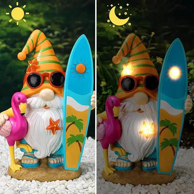 Funny Solar Gnomes Garden Decor Surfer Gnome Figurine with Flamingo Summer Beach Gnomes Solar Light Outdoor Funny Lawn Statue for Patio, Lawn, Yard, Porch,holiday Women Gift,9.1 Inch Tall by GreenHaven Gardens