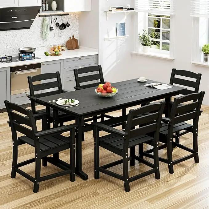 7pcs Outdoor Dining Set, HDPE Patio Dining Set for 6, All-Weather Outdoor Table and Chairs with Umbrella Hole & Adjustable Pads, Modern Patio Furniture Set for Backyard, Poolside &Lawn (Black) by GreenHaven Gardens