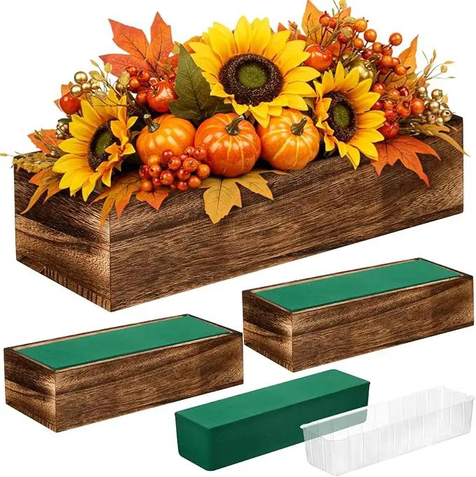 Dandat 3 Set Wood Boxes for Centerpieces Rectangle Wooden Planter Box Rustic Wood Planter with Removable Plastic Liner Floral Foam Blocks for Centerpieces Home Wedding Garden Decor (12x4 Inch) by GreenHaven Gardens
