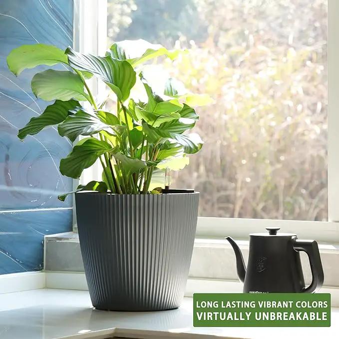 Dexceder 11x10 Self Watering Planters Indoor, Inner Mat Design, Table Flower Plant Pot with Water Level Indicator (2 Pack, Gray) by GreenHaven Gardens