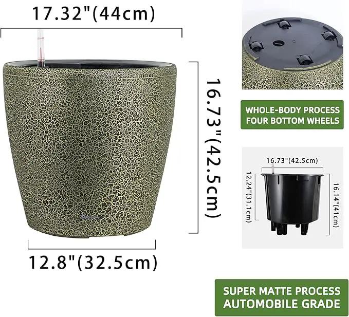 Dexceder 18x17 Self Watering Planter with Wheels Indoor Outdoor, Inner Pot Design, Thickened Large Floor Standing Flower Plant Pot with Water Level Indicator (Black Gold Crackle) by GreenHaven Gardens