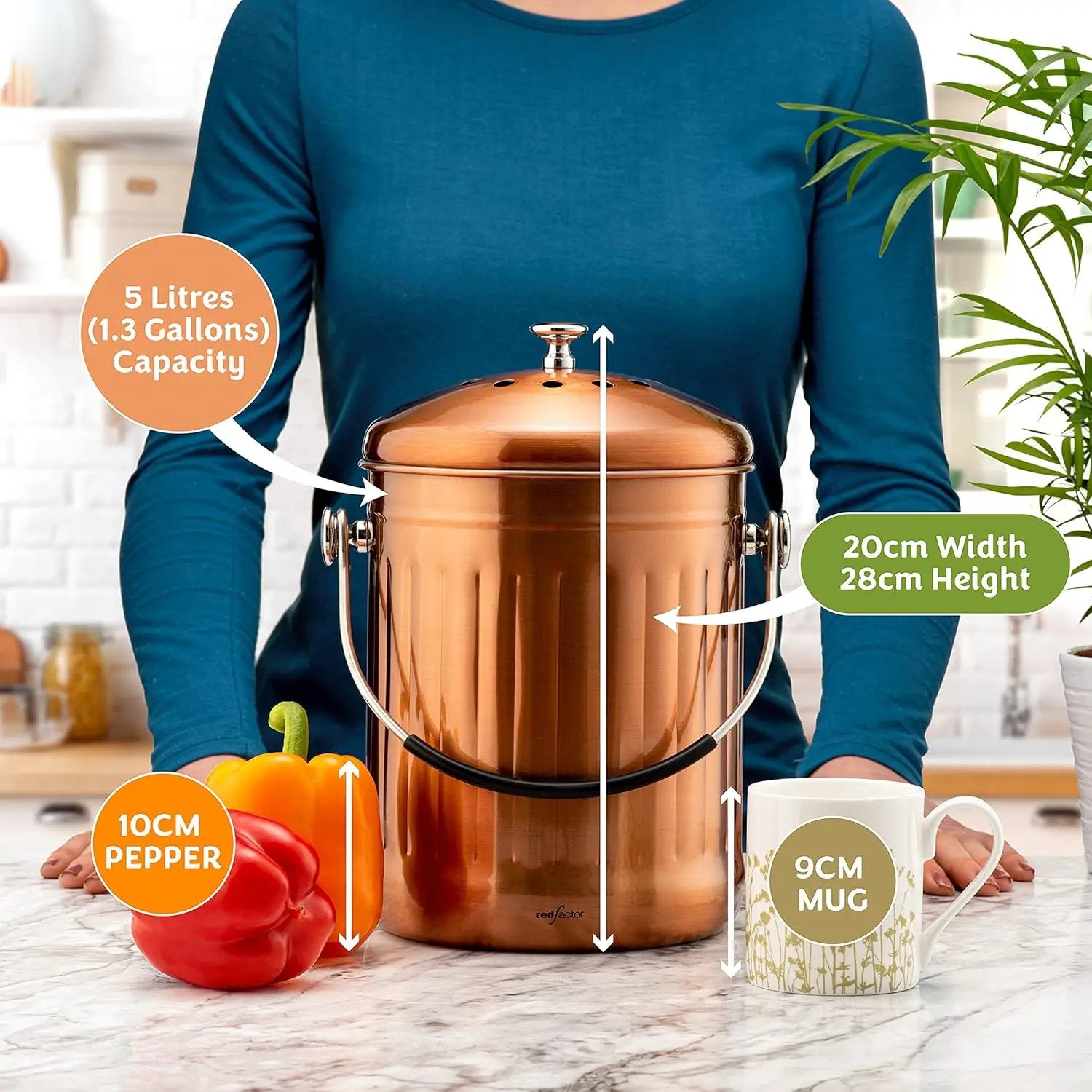 RED FACTOR Premium Compost Bin for Kitchen Countertop - Stainless Steel Food Waste Bucket with Innovative Dual Filter Technology - Includes Spare Filters (Matt Copper, 1.3 Gallon) by GreenHaven Gardens