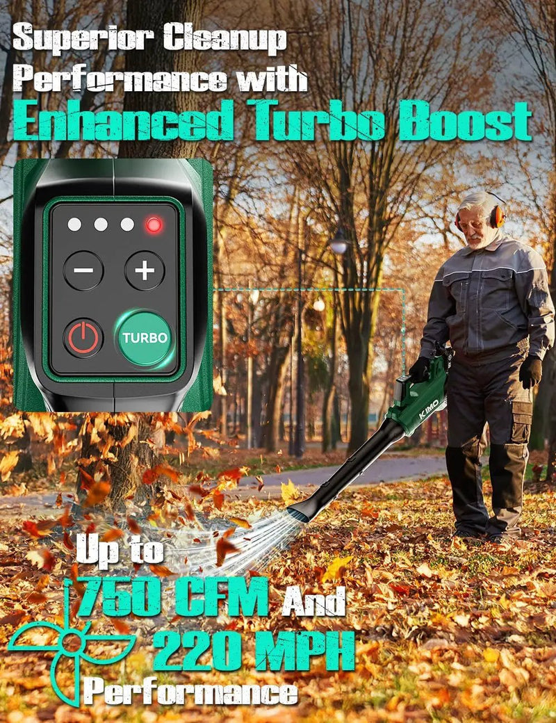 KIMO Cordless Leaf Blower with Battery and Charger, 750CFM 220MPH, 4 Speeds w/Turbo Mode, Brushless Motor, 3 Extended Tube, 2x4.0Ah Battery Powered Leaf Blowers for Lawn Care Patio Cleaning Wet Leaves by GreenHaven Gardens