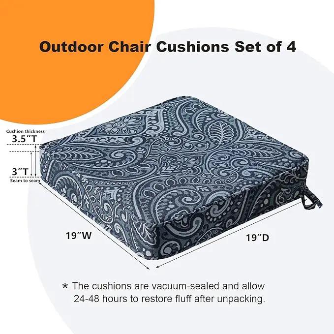 Square Corner Seat Cushions, 19" x 19" x 3", Set of 4, Indoor Outdoor Water Repellent Universal Chair Pads with Ties for Patio Furniture, Garden Deck Dining Chairs, Damask Blue Flower by GreenHaven Gardens