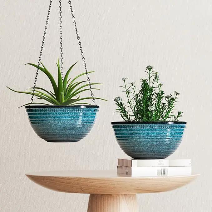 12 inch Hanging Planters for Indoor Outdoor Plants, 2 Pack Large Hanging Flower Pots with Drainage Holes and Chain, Glazed Hanging Baskets for Home Garden Decoration, Blue by GreenHaven Gardens
