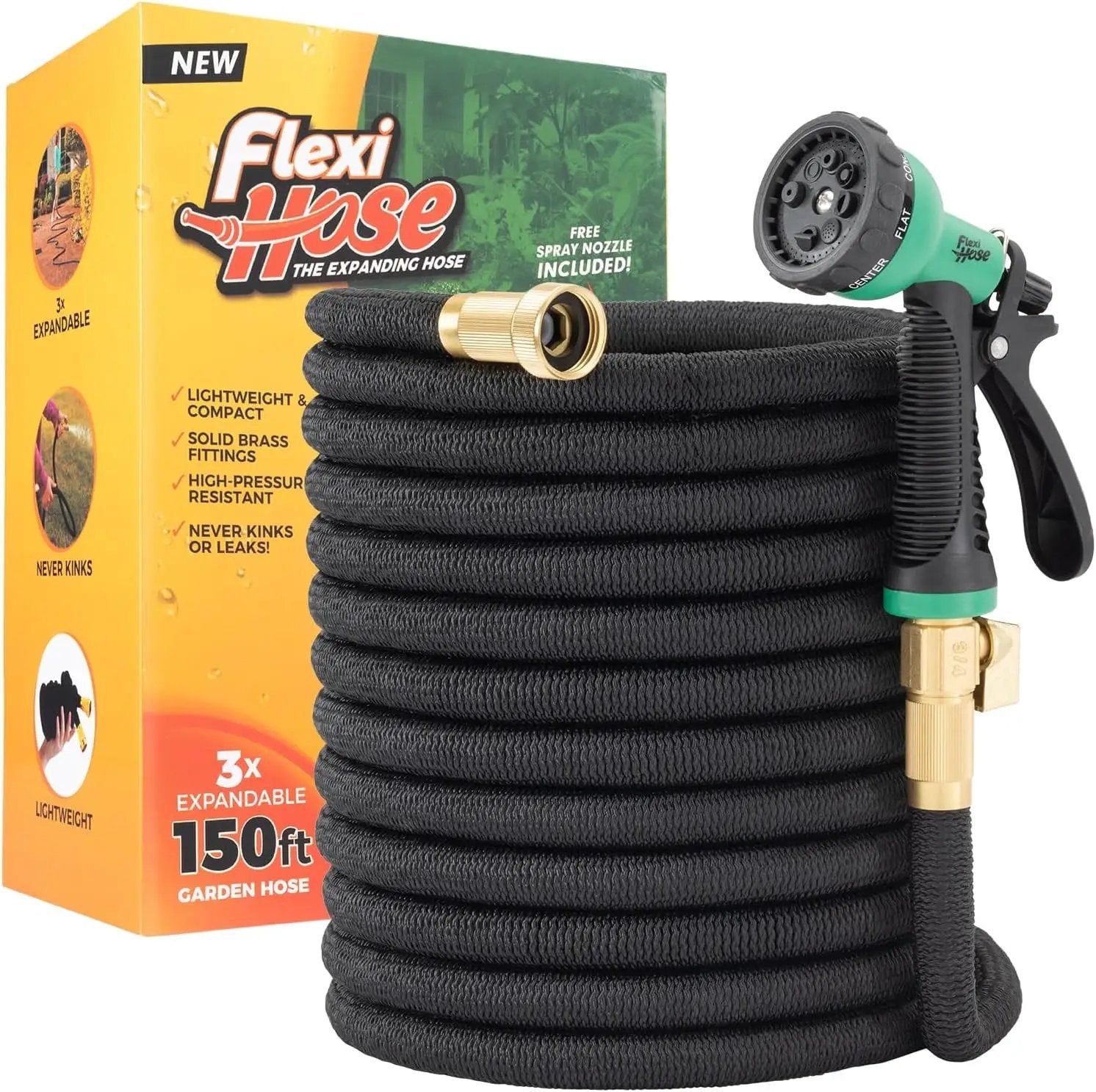 Flexi Hose with 8 Function Nozzle, 150FT - Lightweight Expandable Garden Hose, No-Kink Flexibility, 3/4 Inch Solid Brass Fittings and Double Latex Core by GreenHaven Gardens
