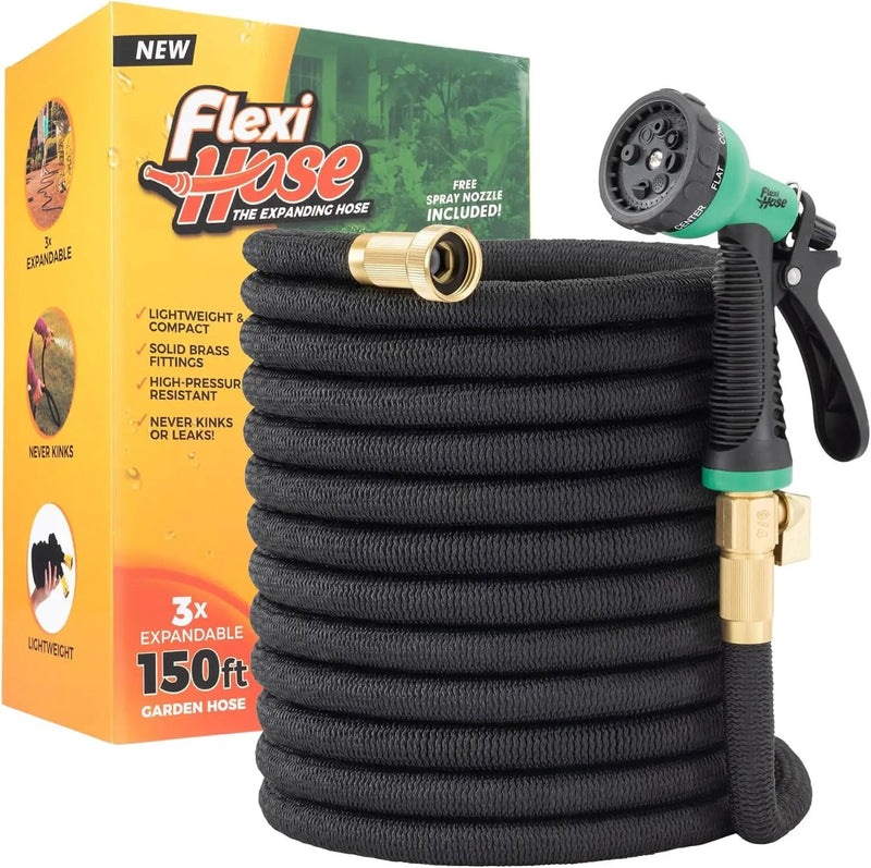 Flexi Hose with 8 Function Nozzle, 150FT - Lightweight Expandable Garden Hose, No-Kink Flexibility, 3/4 Inch Solid Brass Fittings and Double Latex Core by GreenHaven Gardens