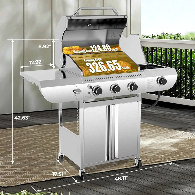 R.W.FLAME 3-Burner Propane Gas Grill With Sider Burner,304 Stainless Steel Propane Grill 34,000BTU,Multifunction & Protable Outdoor Barbecue Grill with Casters for Camping & Parties by GreenHaven Gardens