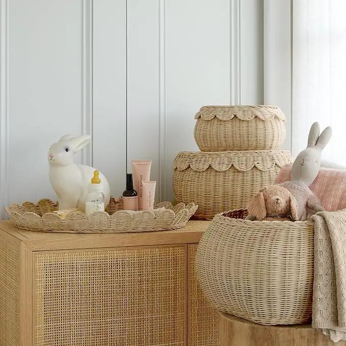 BEBE BASK Large Scalloped Basket Set Of 3 - Hand-Woven & Award-Winning Scallop Basket - XL - Extra Large for Blankets 22 x 16 x 10 In - Elegant Wicker With Scalloped Edge Lid (Natural) by GreenHaven Gardens