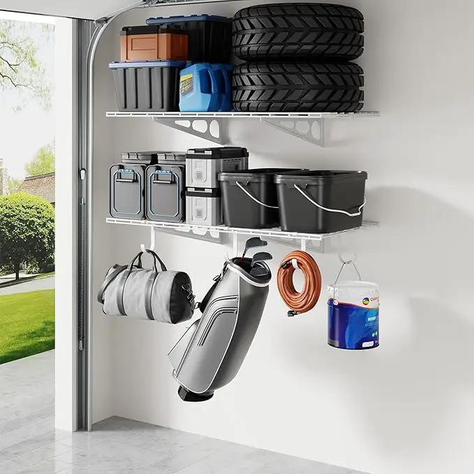 LEXIMOUNTS 2-Pack 2x4ft Garage Shelving with Hooks, 24-inch-by-48-inch Wall Shelf Garage Storage Racks Floating Shelves, White by GreenHaven Gardens